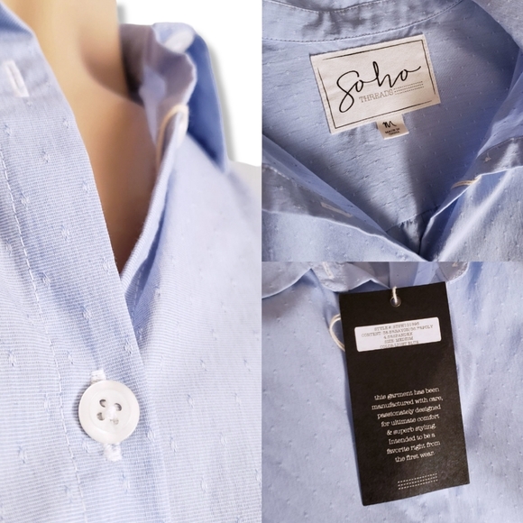 Soho Threads Blue Light Swiss Dot Button Down Blouse - Picture 6 of 9